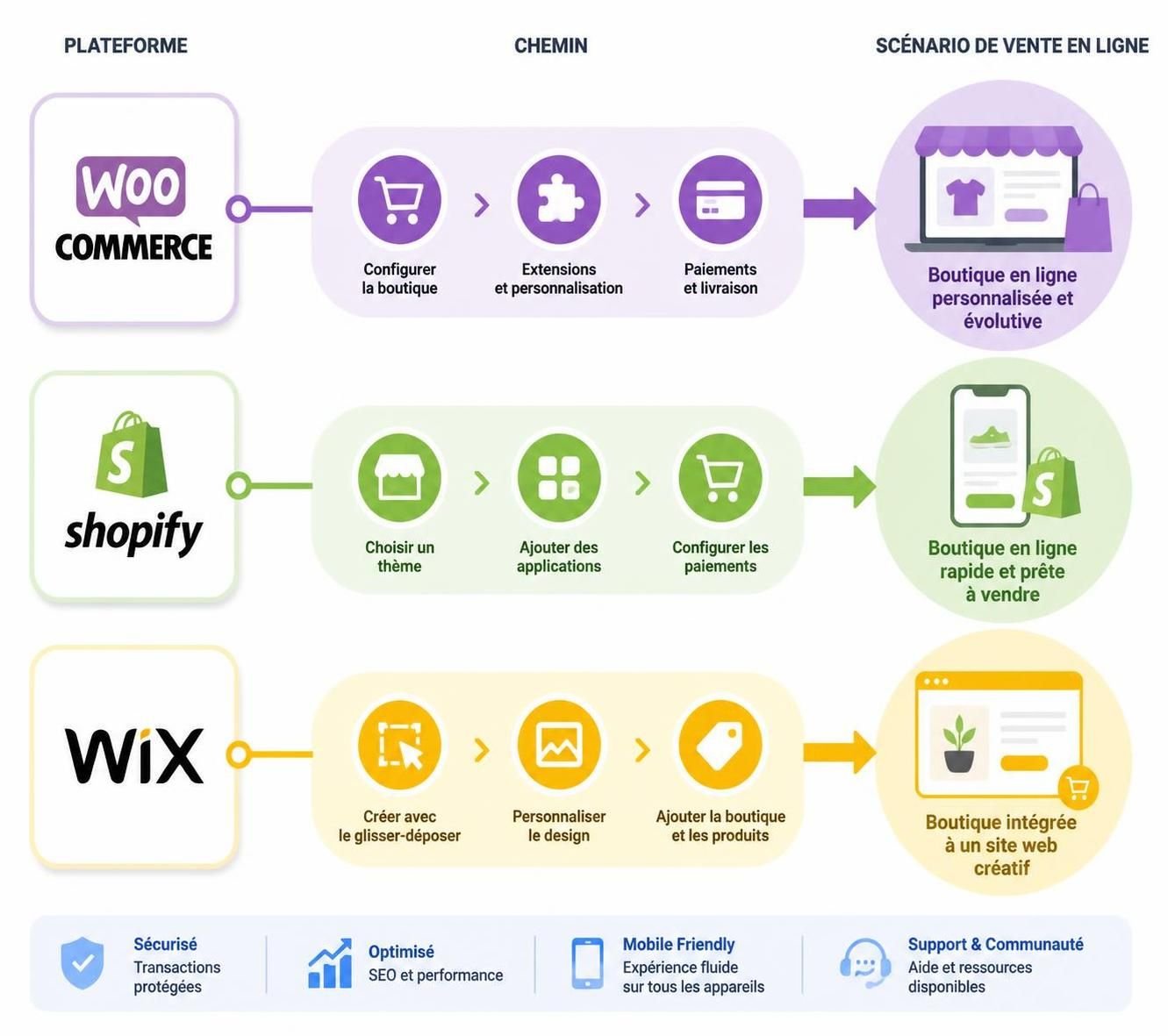découvrez les avantages et les différences entre woocommerce, shopify et wix ecommerce pour choisir la meilleure plateforme afin de vendre vos produits en ligne efficacement.